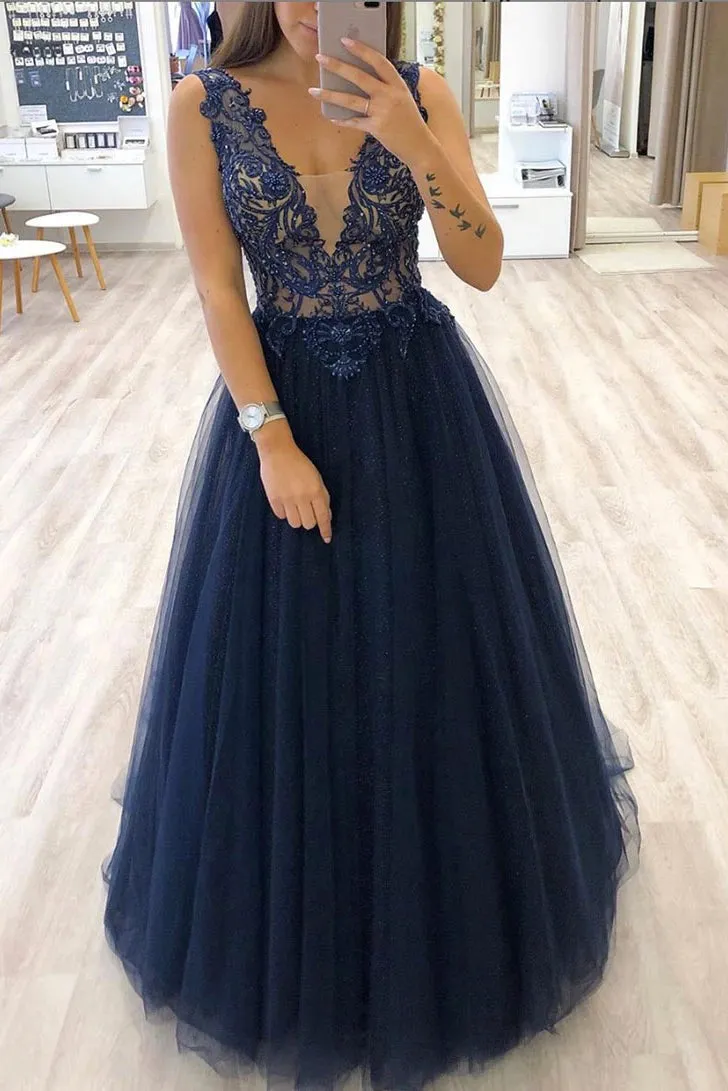 Sparkly A Line V Neck Floor Length Sleeveless Beaded Sequins Long Navy Blue Tulle Prom Dress OHC344
