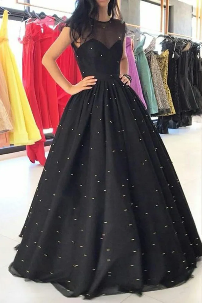 Sparkly Ball Gown Floor Length Black Sleeveless Long Tulle Prom Dresses OHC184