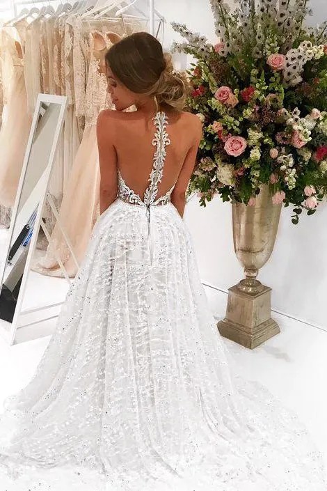 Sparkly Bateau A-line Sweep Train Sleeveless Long Tulle Prom Dress Wedding Dress with Lace Applique OHD153