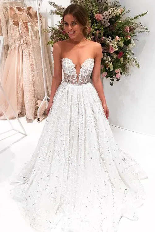 Sparkly Bateau A-line Sweep Train Sleeveless Long Tulle Prom Dress Wedding Dress with Lace Applique OHD153