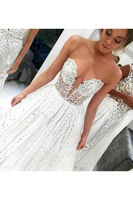 Sparkly Bateau A-line Sweep Train Sleeveless Long Tulle Prom Dress Wedding Dress with Lace Applique OHD153