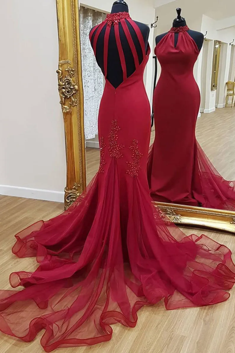 Sparkly Fashion Sheath High Neck Sleeveless Rhinestone Beading Long Satin Prom Dress Evening Dress OHC317