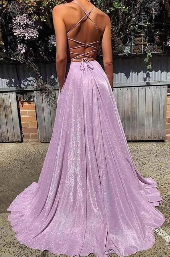 Sparkly Lilac Backless Prom Dresses Sexy Spaghetti Straps Evening Dresses