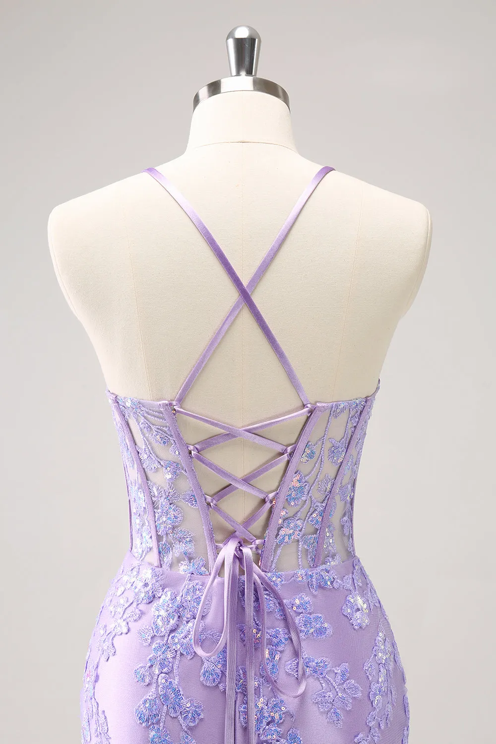 Sparkly Lilac Bodycon Spaghetti Straps Sequin Corset Homecoming Dress with Appliques