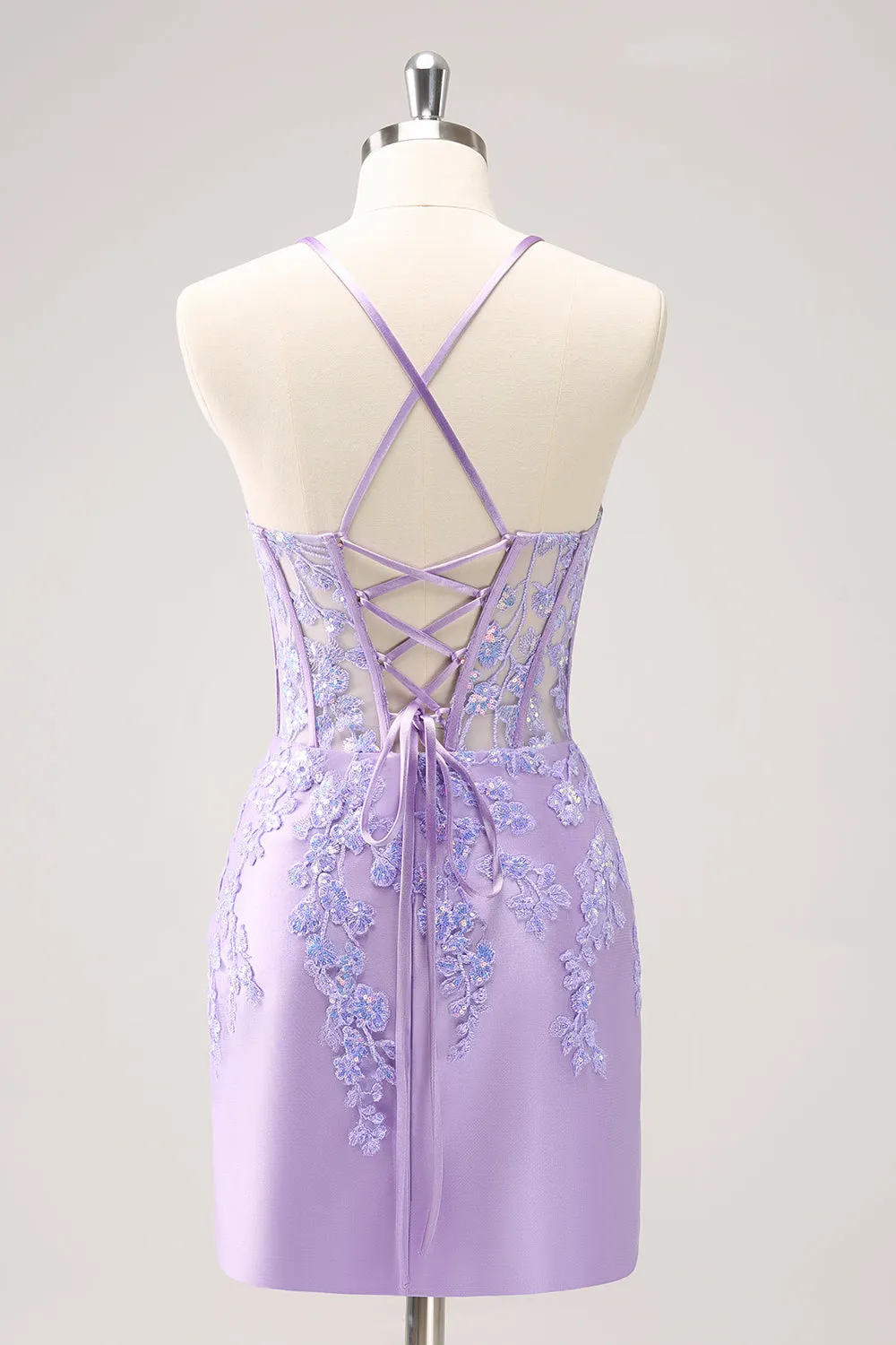 Sparkly Lilac Bodycon Spaghetti Straps Sequin Corset Homecoming Dress with Appliques