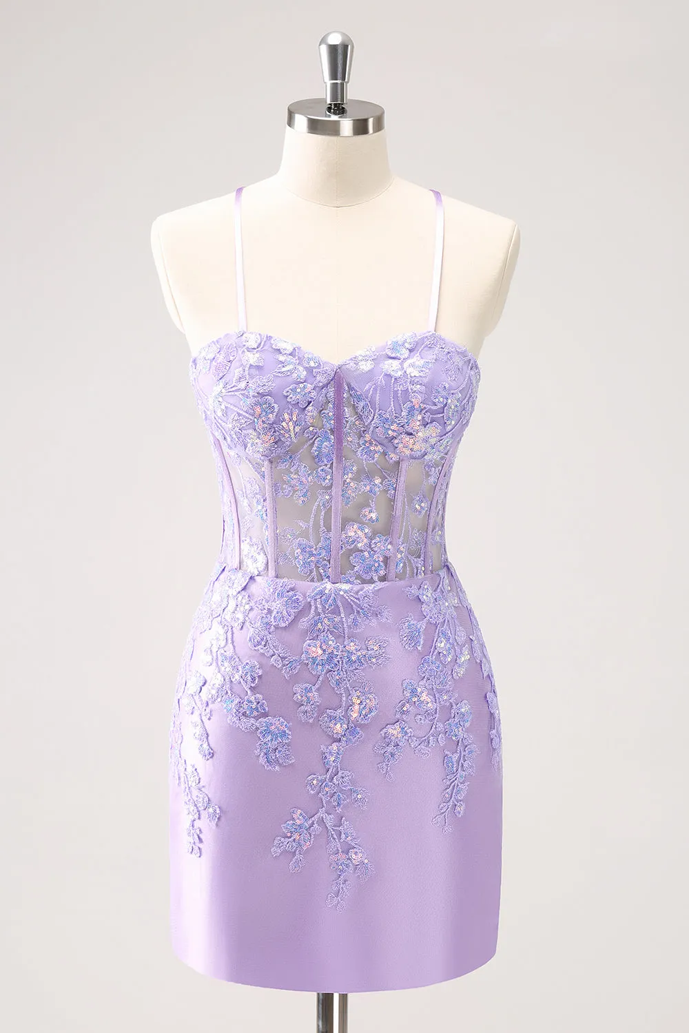 Sparkly Lilac Bodycon Spaghetti Straps Sequin Corset Homecoming Dress with Appliques