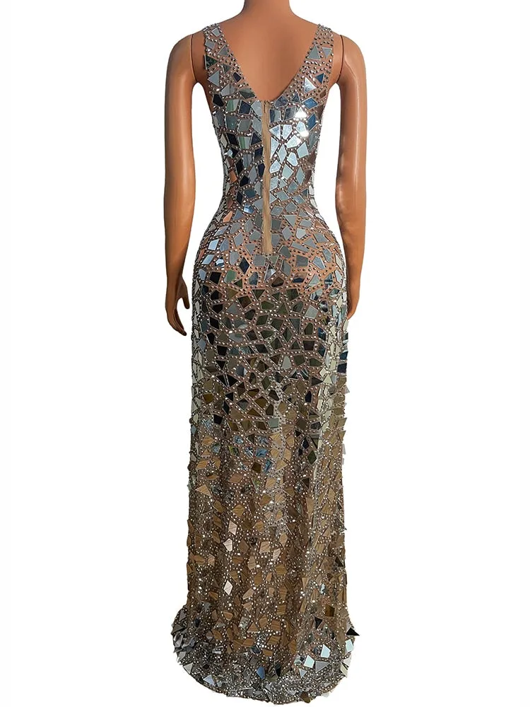 Sparkly Mirror Rhinestones Mesh Transparent  Dress