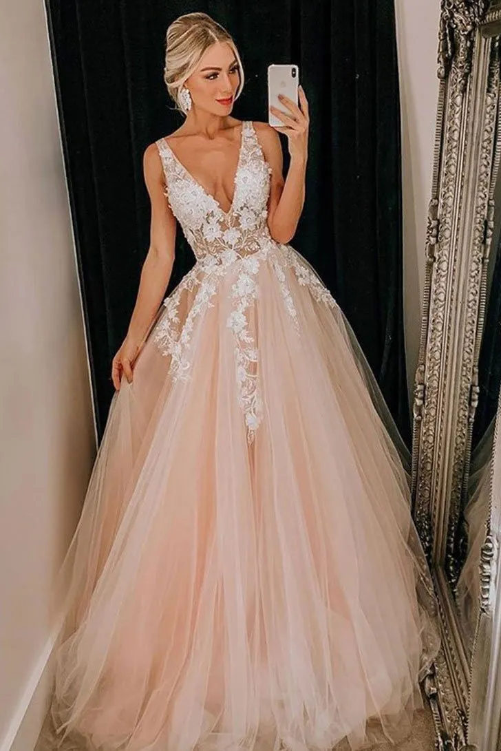 Sparkly Pink Tulle Lace Applique Long V Neck Prom Dress Formal Dress Evening Dresses OHC365