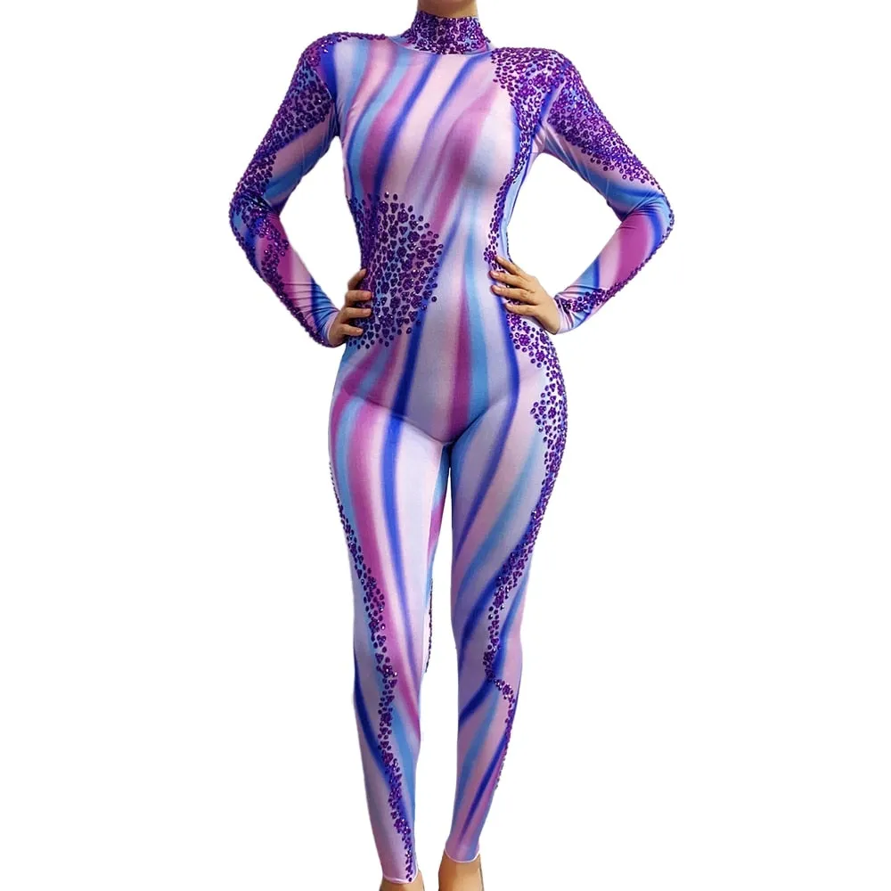 Sparkly Purple Rhinestones Jumpsuit Women