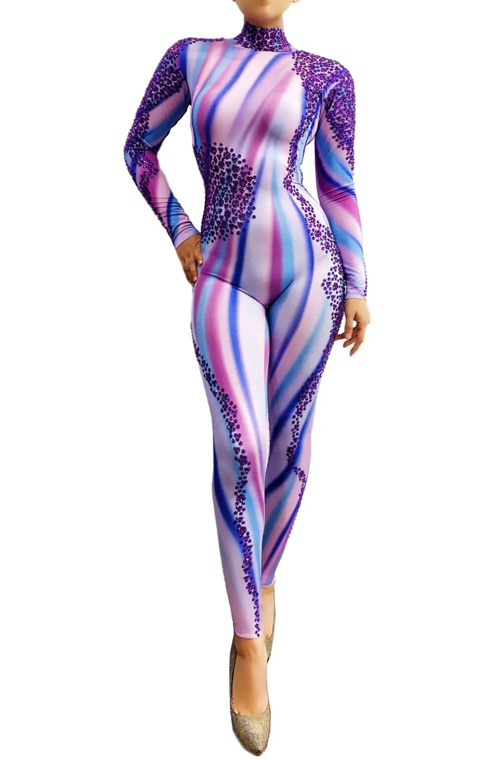 Sparkly Purple Rhinestones Jumpsuit Women