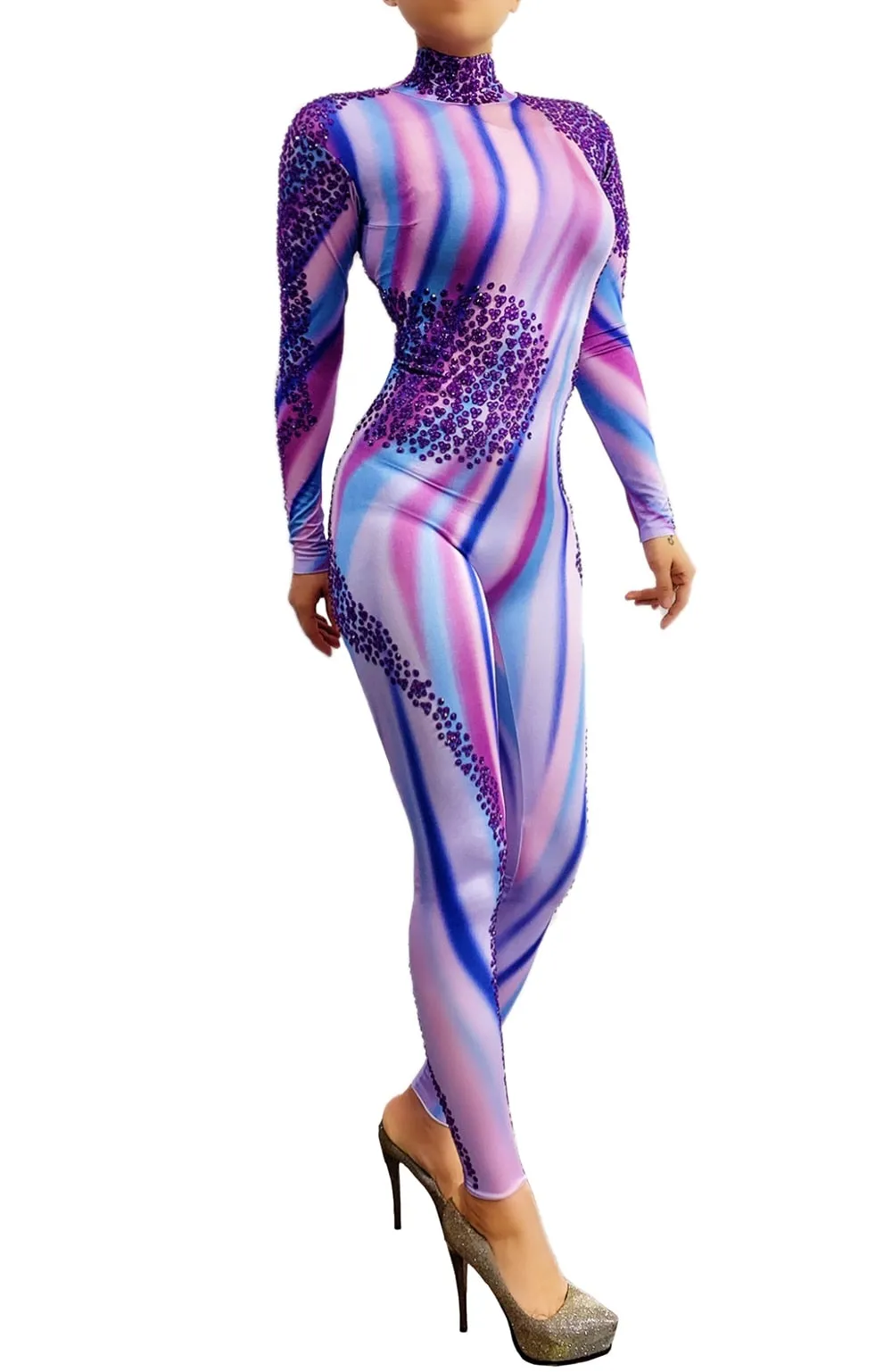 Sparkly Purple Rhinestones Jumpsuit Women