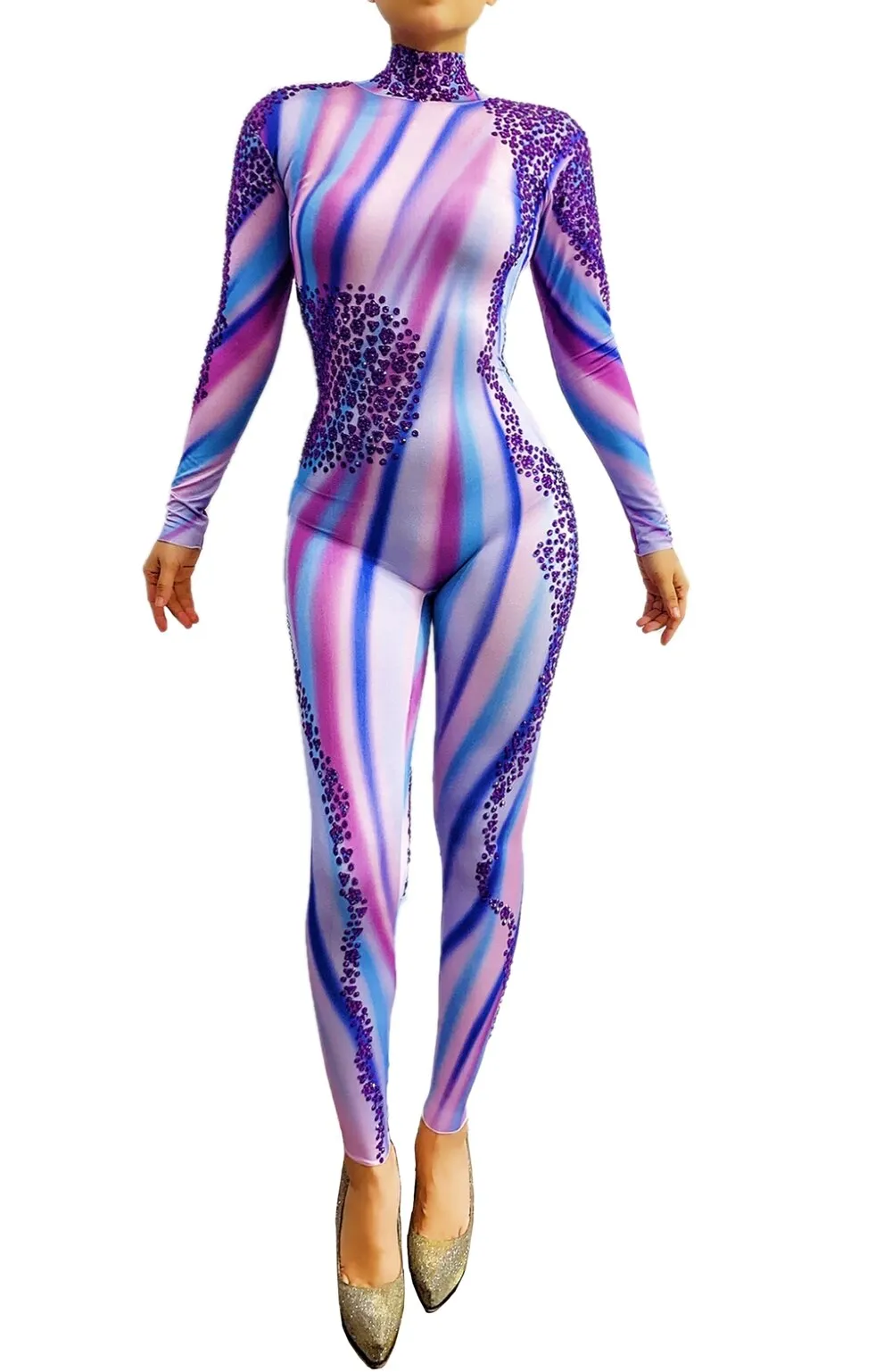 Sparkly Purple Rhinestones Jumpsuit Women
