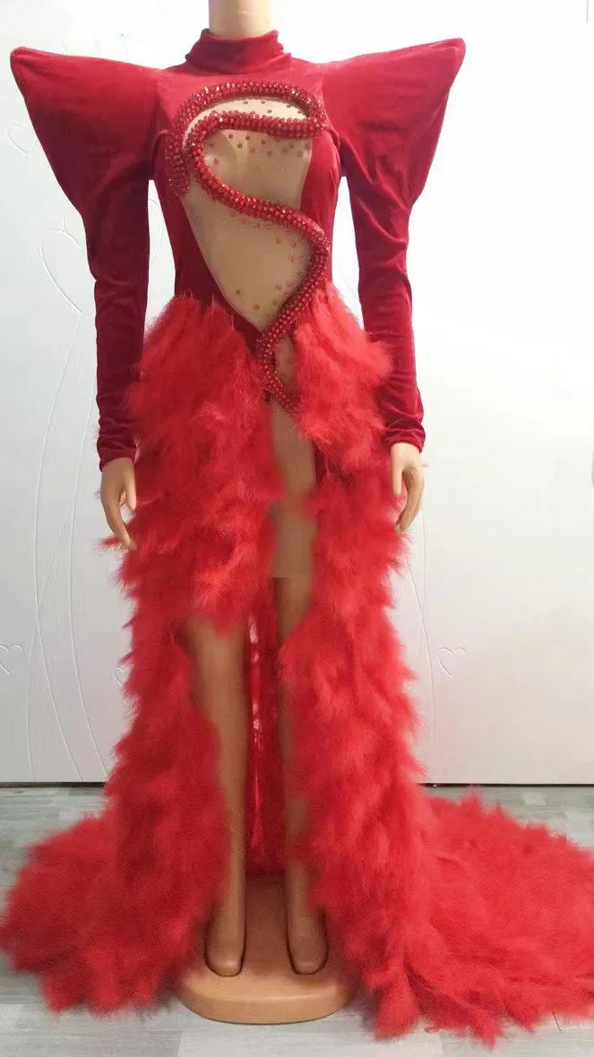Sparkly Rhinestones Feather Train Long Velvet Dress