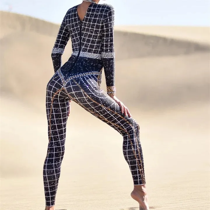 Sparkly Rhinestones Jumpsuit Women Long Sleeve Spandex
