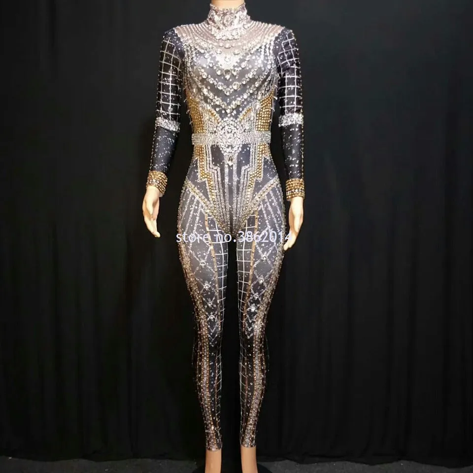 Sparkly Rhinestones Jumpsuit Women Long Sleeve Spandex