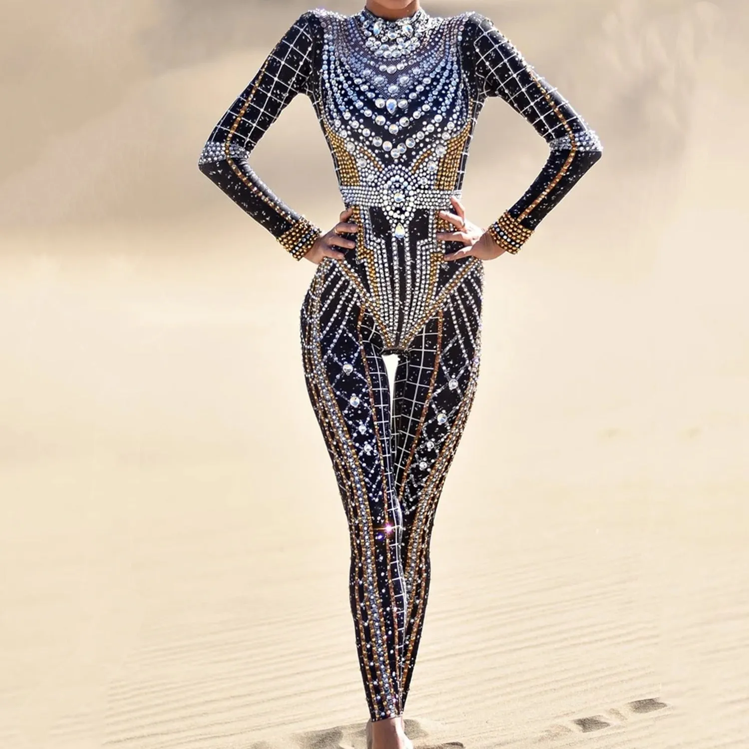 Sparkly Rhinestones Jumpsuit Women Long Sleeve Spandex