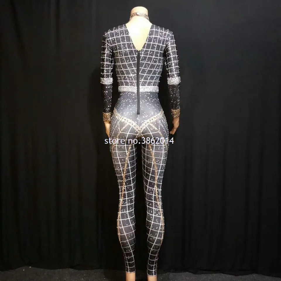 Sparkly Rhinestones Jumpsuit Women Long Sleeve Spandex