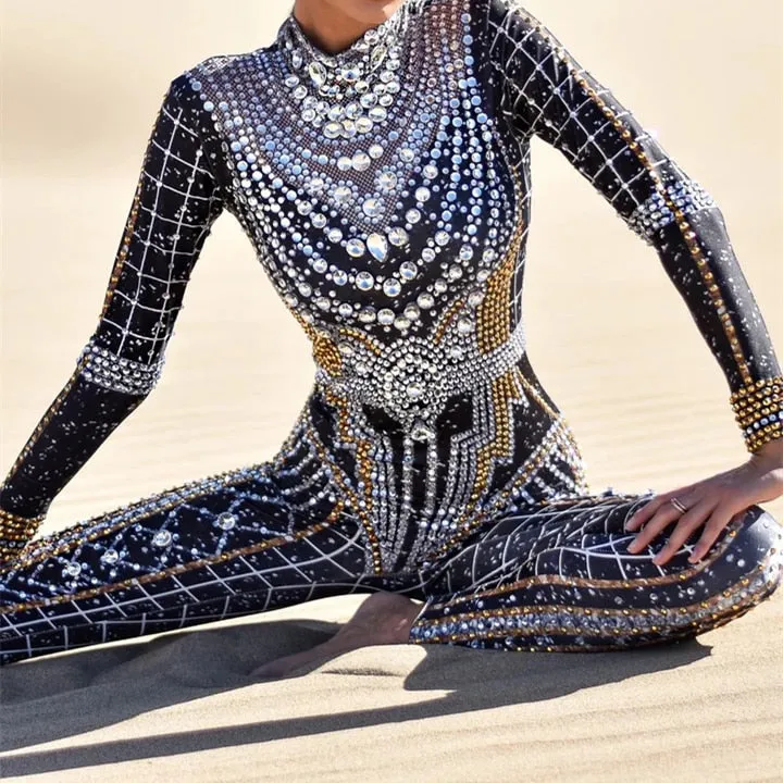 Sparkly Rhinestones Jumpsuit Women Long Sleeve Spandex