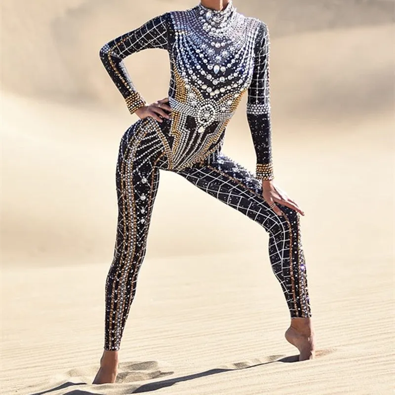 Sparkly Rhinestones Jumpsuit Women Long Sleeve Spandex