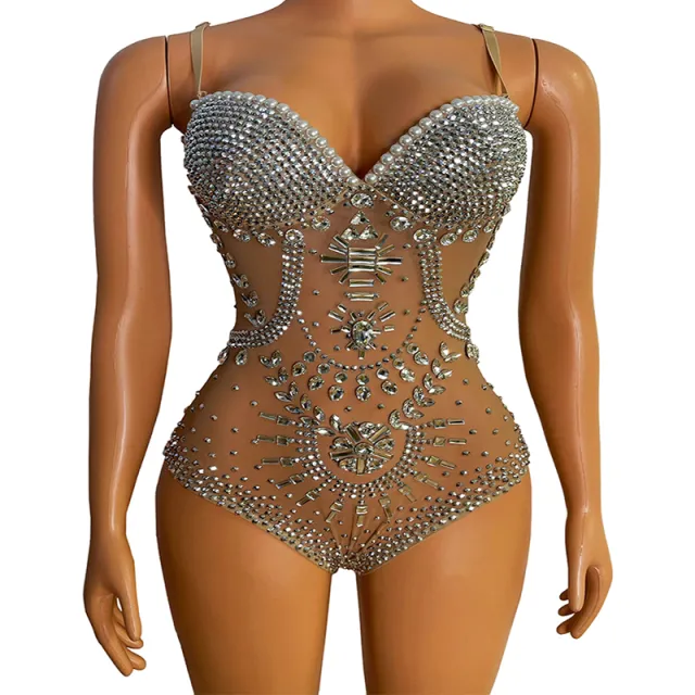 Sparkly Rhinestones Pearls Bodysuit  Costume