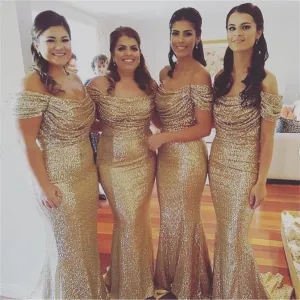 Sparkly Sequin Mermaid Bridesmaid Dress, Off Shoulder Wedding Guest Dress