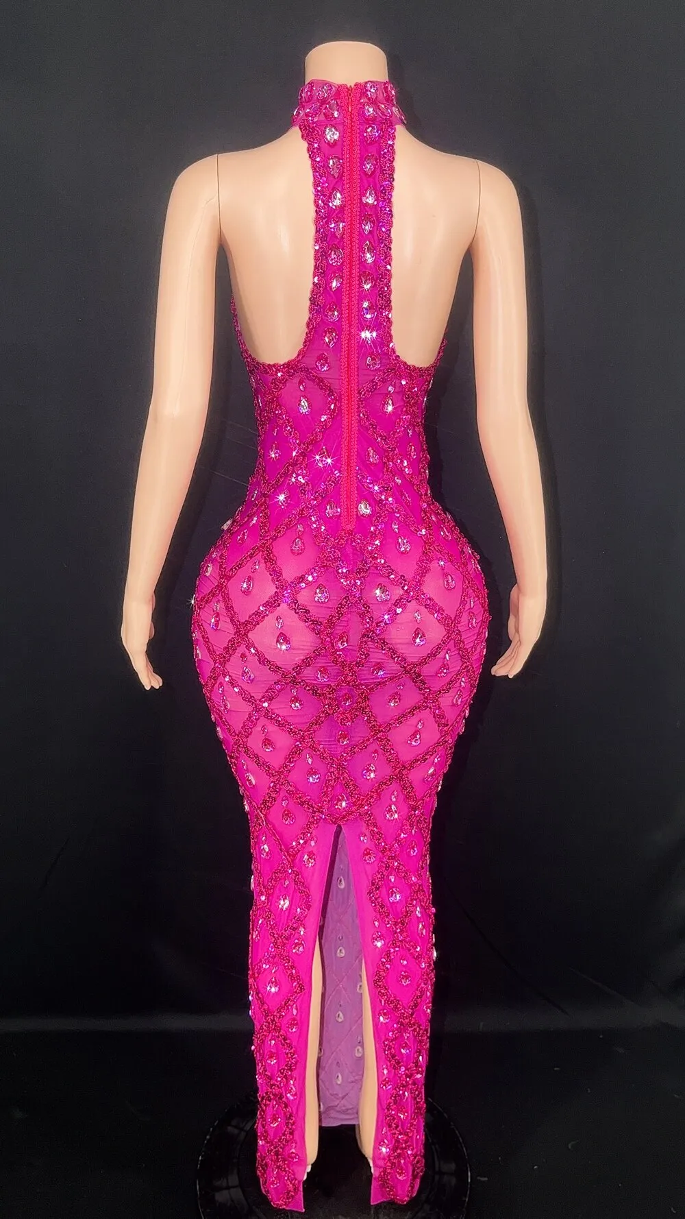 Sparkly Sequins Rhinestones Sleeveless Dress Sexy Mesh Transparent