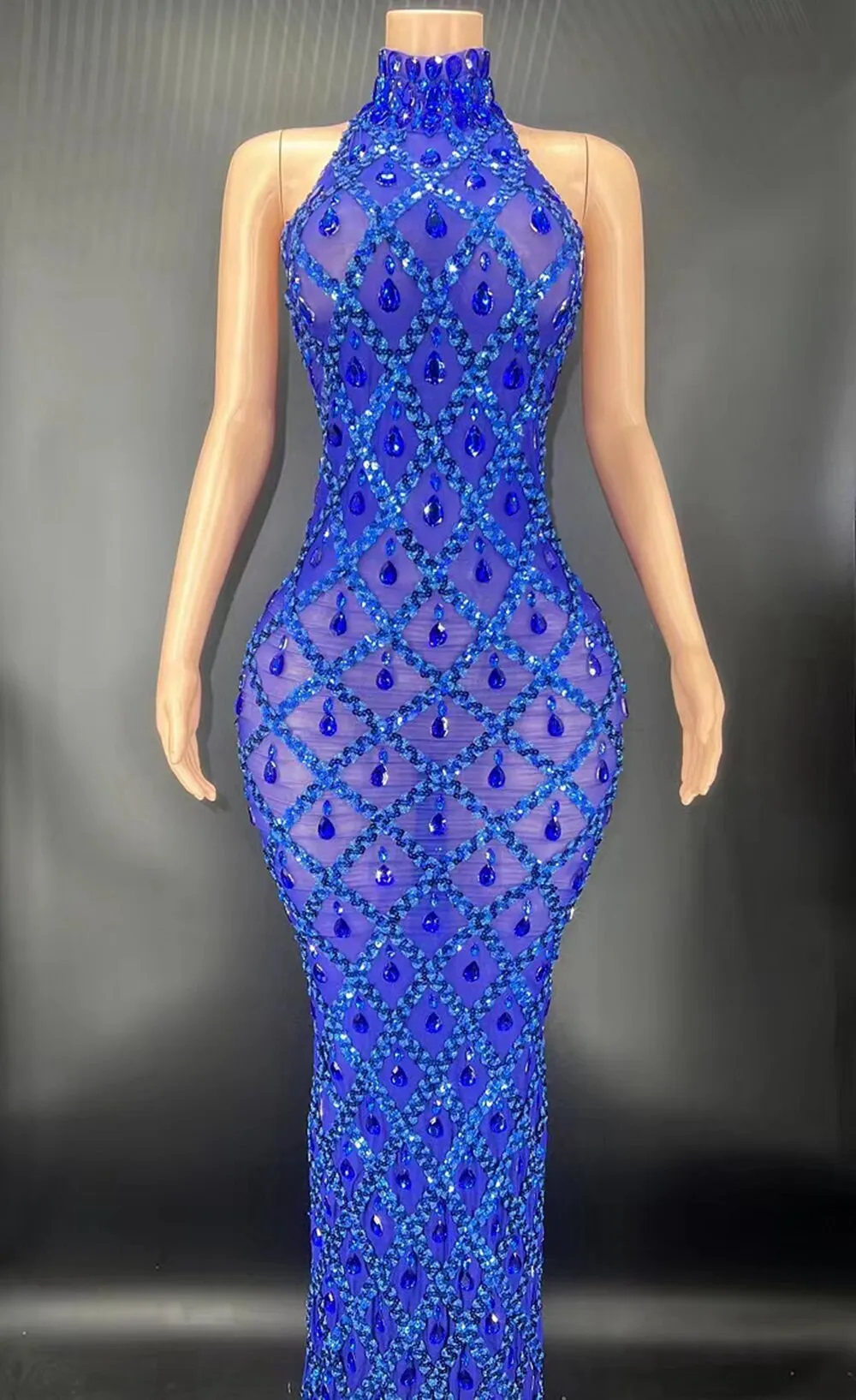 Sparkly Sequins Rhinestones Sleeveless Dress Sexy Mesh Transparent