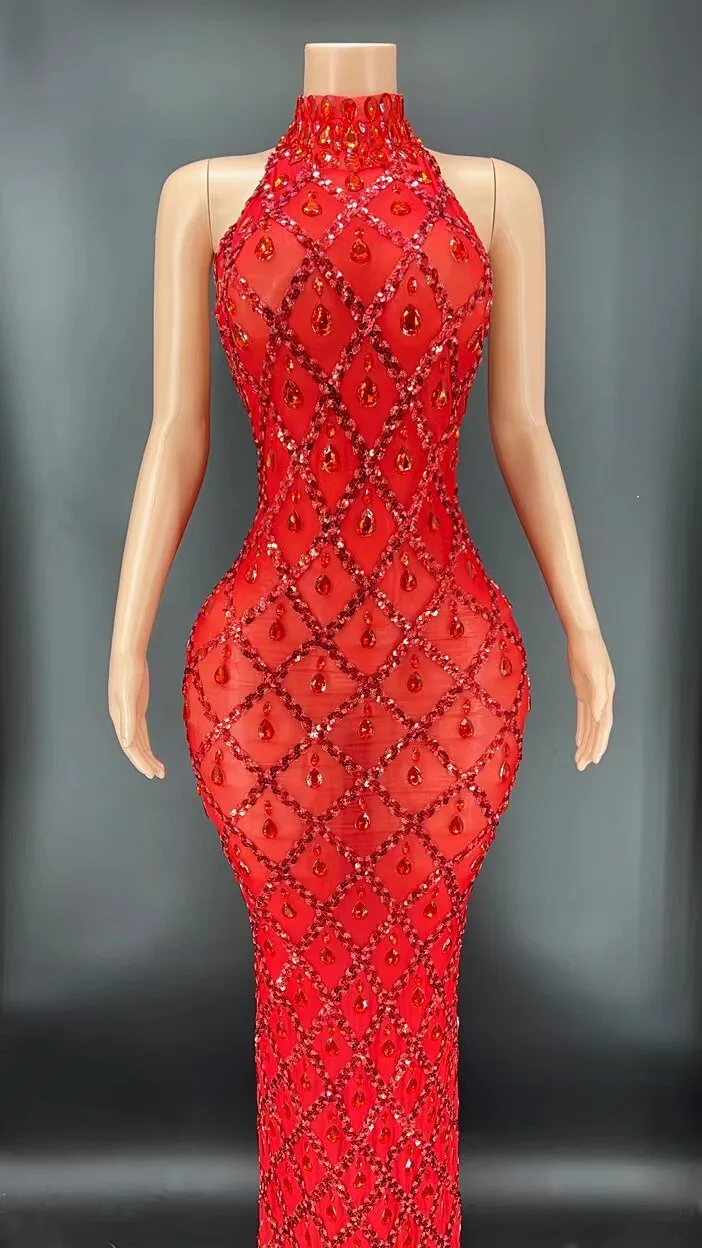 Sparkly Sequins Rhinestones Sleeveless Dress Sexy Mesh Transparent