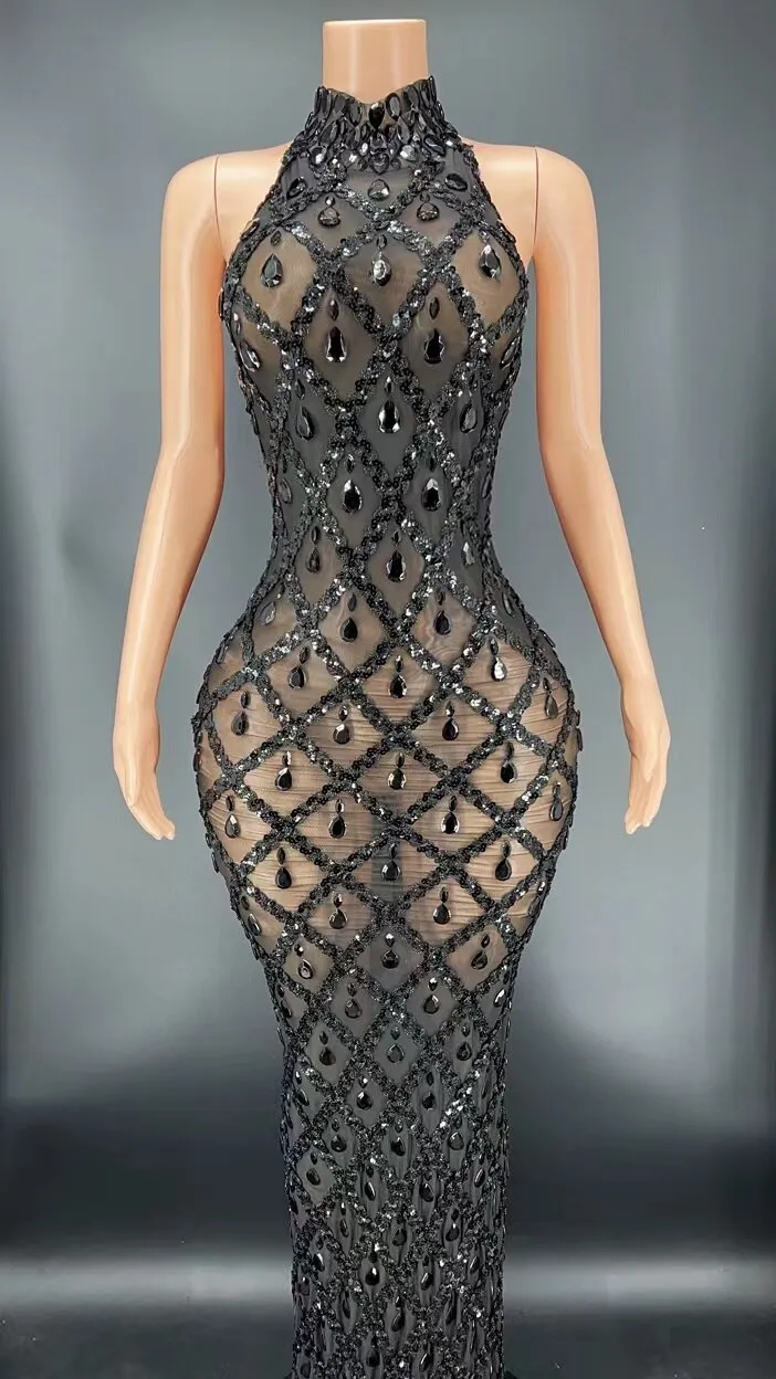 Sparkly Sequins Rhinestones Sleeveless Dress Sexy Mesh Transparent