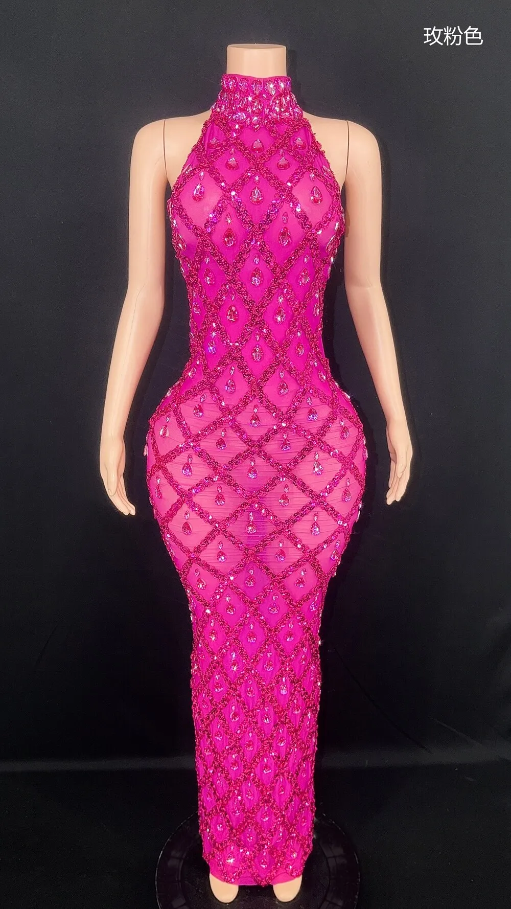 Sparkly Sequins Rhinestones Sleeveless Dress Sexy Mesh Transparent