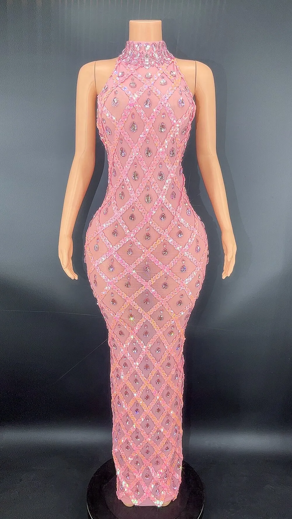 Sparkly Sequins Rhinestones Sleeveless Dress Sexy Mesh Transparent