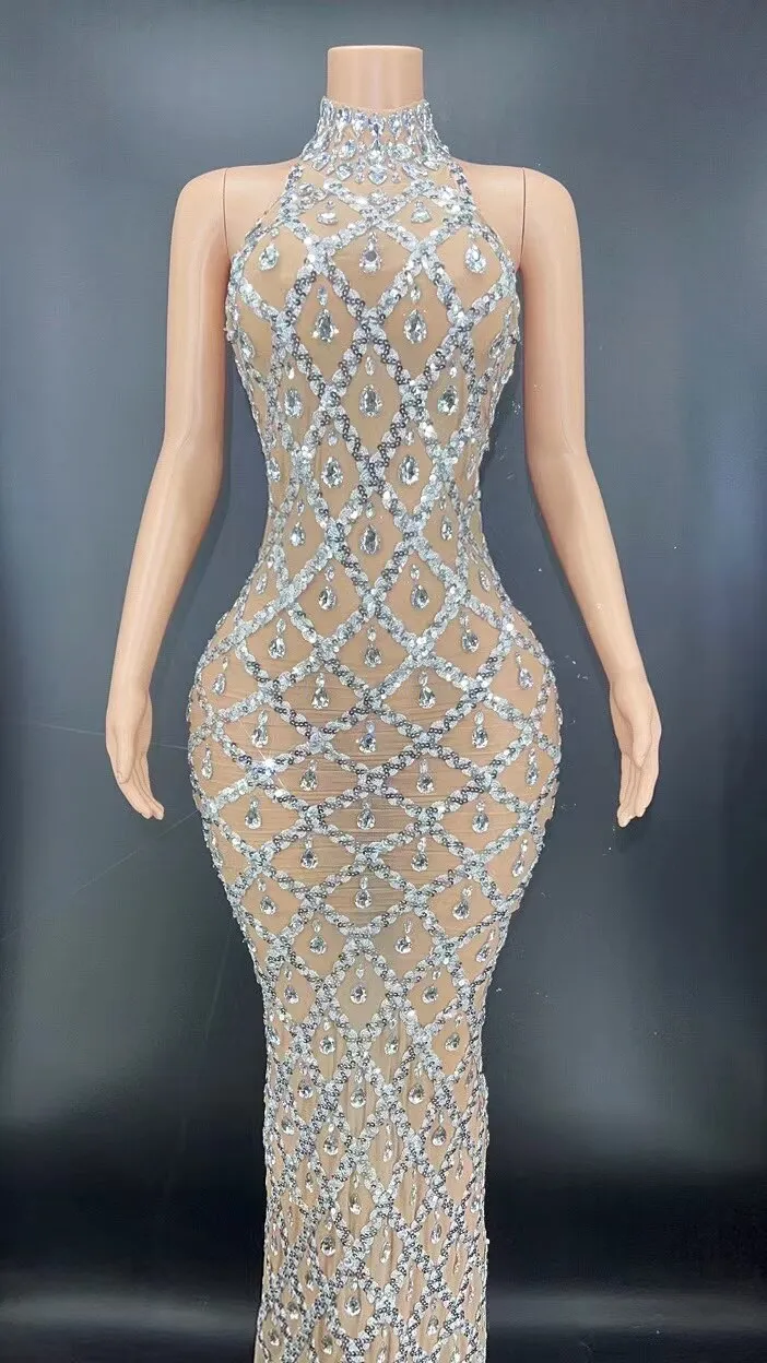 Sparkly Sequins Rhinestones Sleeveless Dress Sexy Mesh Transparent