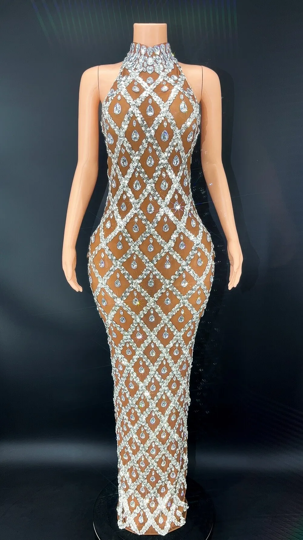 Sparkly Sequins Rhinestones Sleeveless Dress Sexy Mesh Transparent