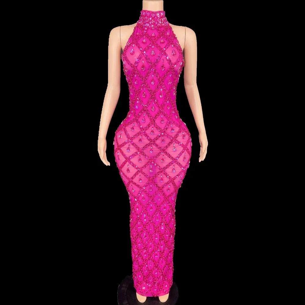 Sparkly Sequins Rhinestones Sleeveless Dress Sexy Mesh Transparent