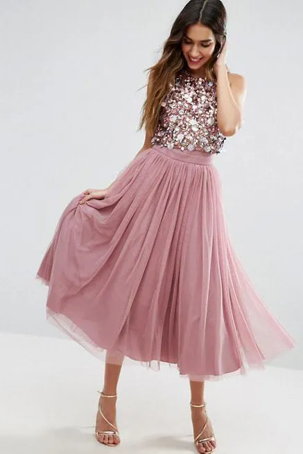 Sparkly Two Piece Scoop Tea Length Sleeveless Rhinestone Short Tulle Prom Dress Party Dress OHC226