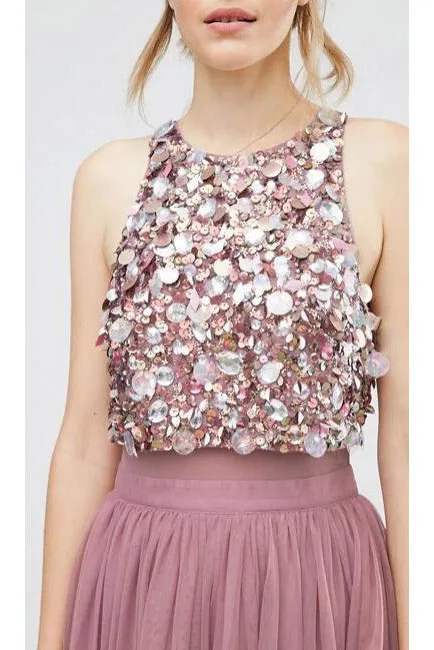 Sparkly Two Piece Scoop Tea Length Sleeveless Rhinestone Short Tulle Prom Dress Party Dress OHC226