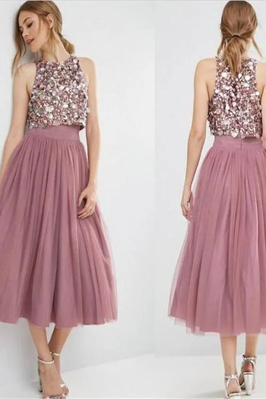 Sparkly Two Piece Scoop Tea Length Sleeveless Rhinestone Short Tulle Prom Dress Party Dress OHC226