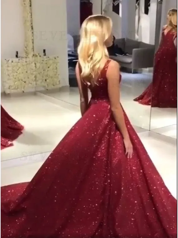 Sparkly V-Neck Glitter Burgundy Prom Dress Long Evening Dress