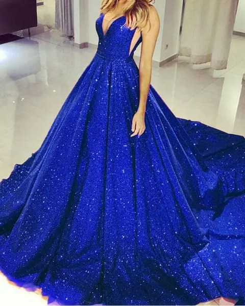 Sparkly V-Neck Glitter Burgundy Prom Dress Long Evening Dress