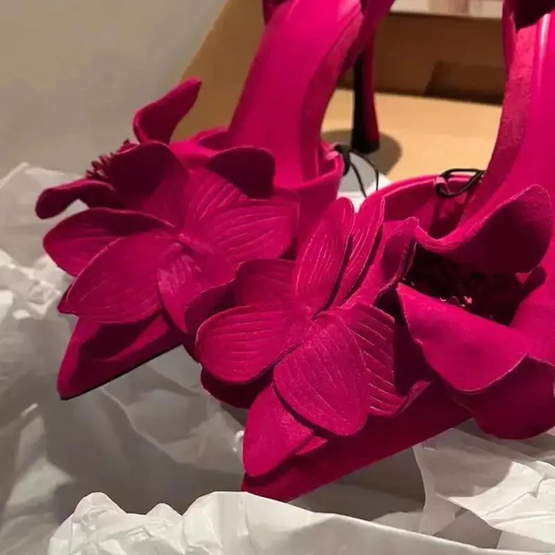 Spring fashion Sexy Everything French Skinny Heel Shoes Rose Red Flowers Decorated High Heels for Women