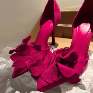 Spring fashion Sexy Everything French Skinny Heel Shoes Rose Red Flowers Decorated High Heels for Women