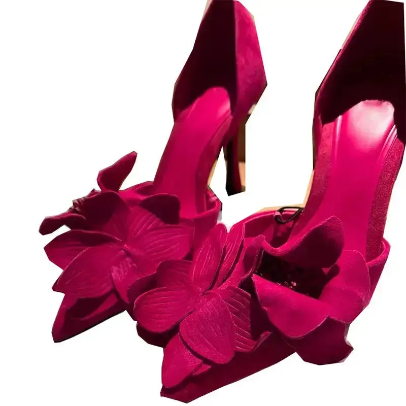 Spring fashion Sexy Everything French Skinny Heel Shoes Rose Red Flowers Decorated High Heels for Women