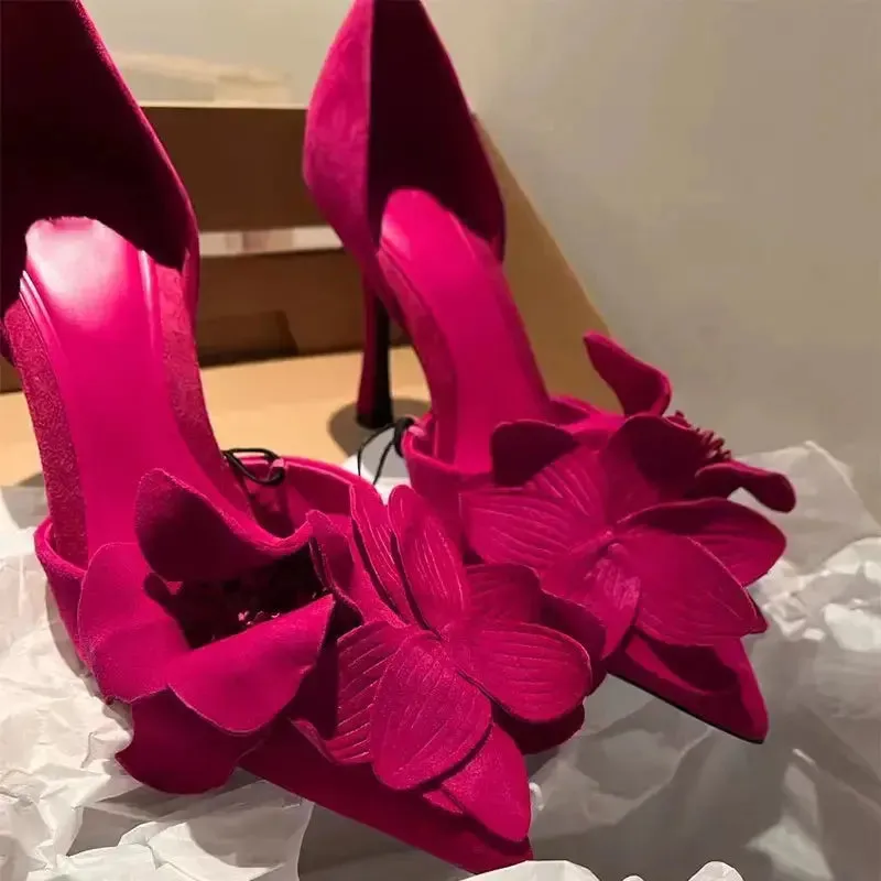 Spring fashion Sexy Everything French Skinny Heel Shoes Rose Red Flowers Decorated High Heels for Women