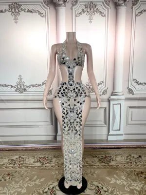 Stage Sparkly Silver Mirror Rhinestone Dress
