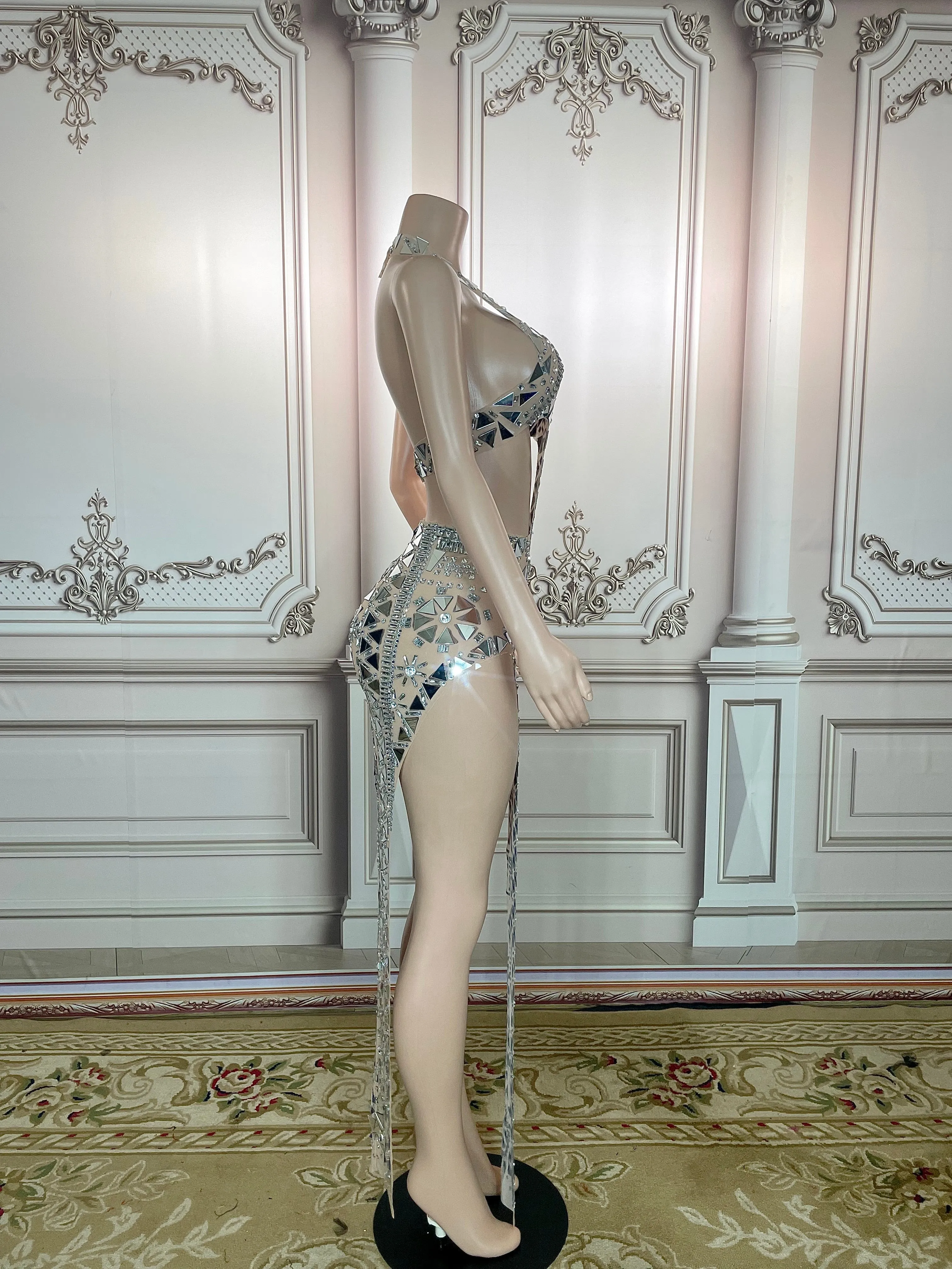 Stage Sparkly Silver Mirror Rhinestone Dress