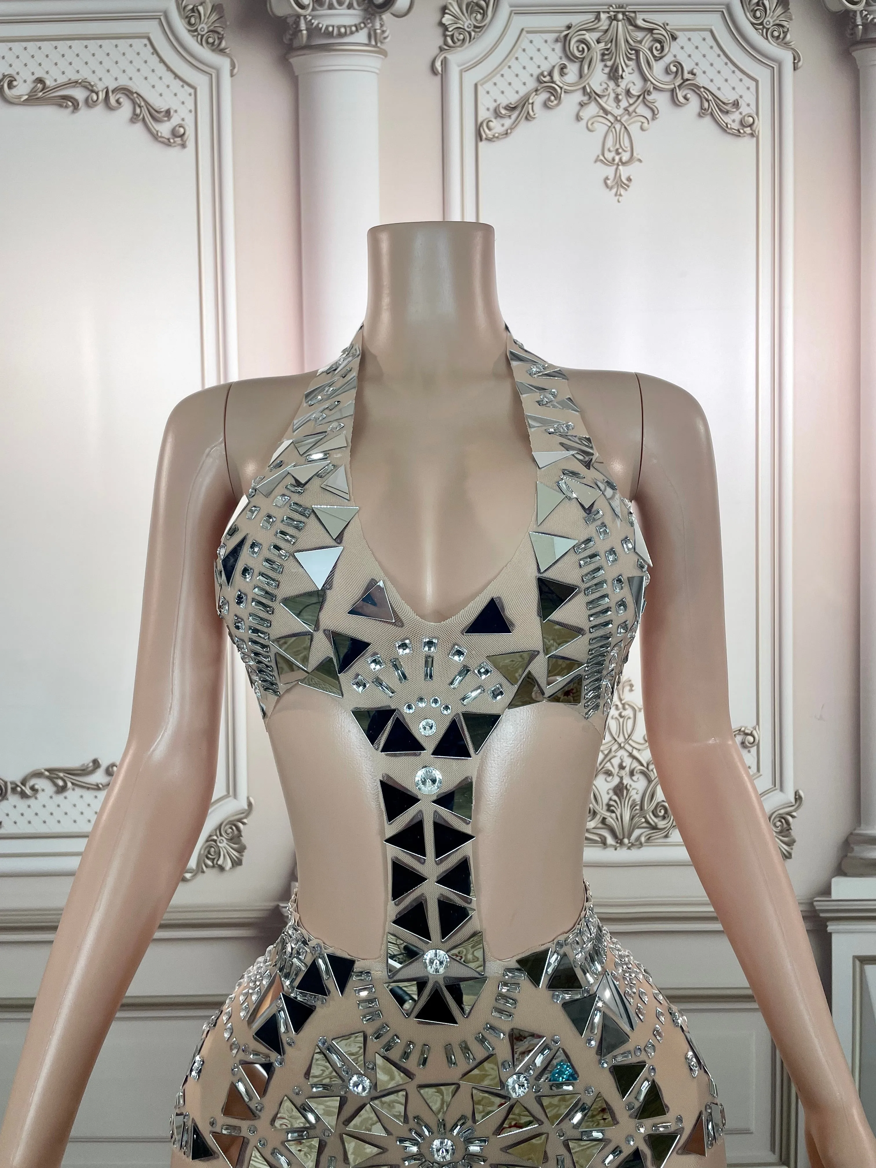Stage Sparkly Silver Mirror Rhinestone Dress
