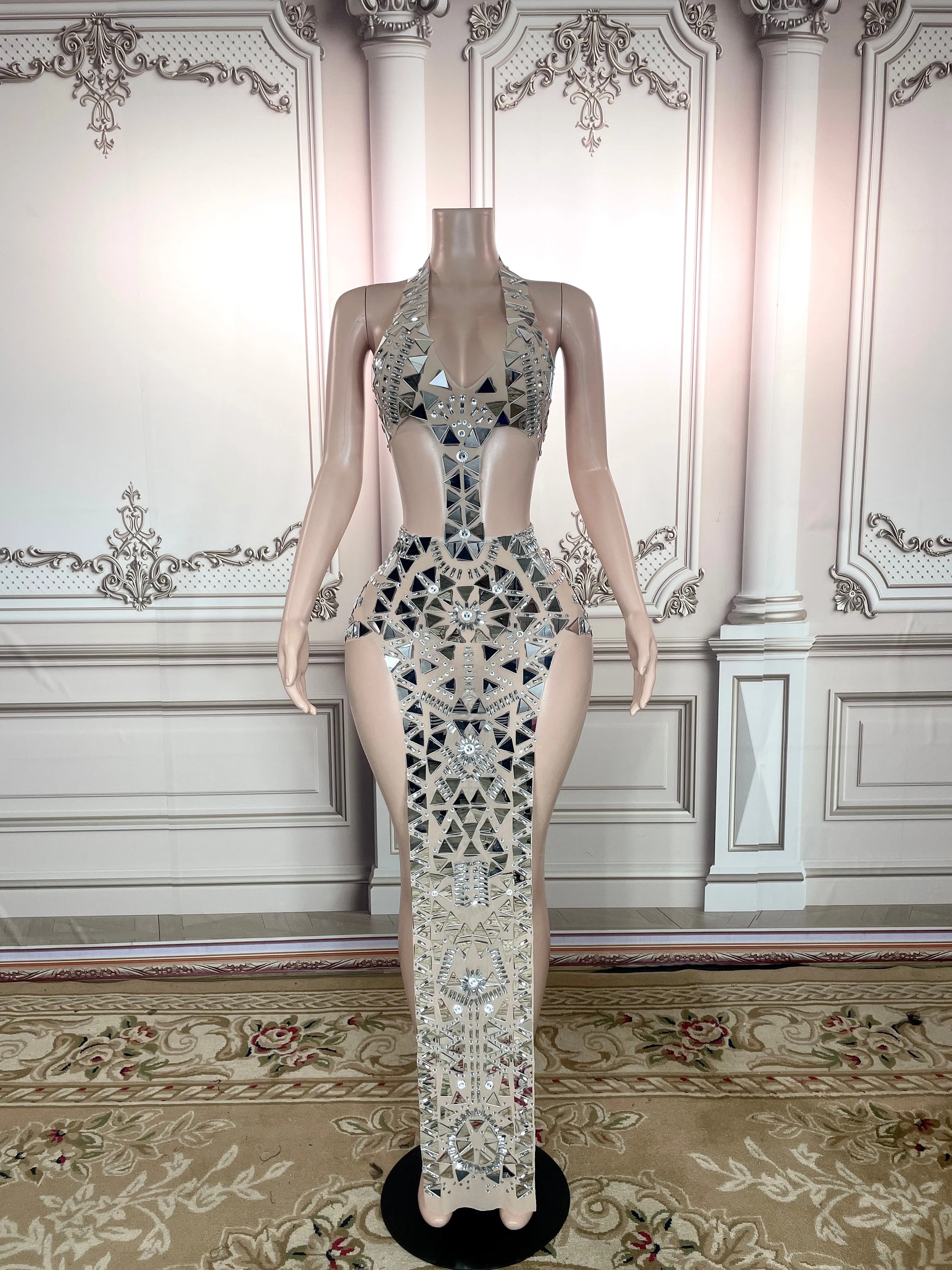Stage Sparkly Silver Mirror Rhinestone Dress