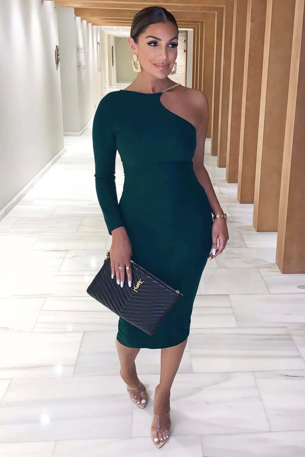 Teal One Shoulder Midi Dress With Chain Detail