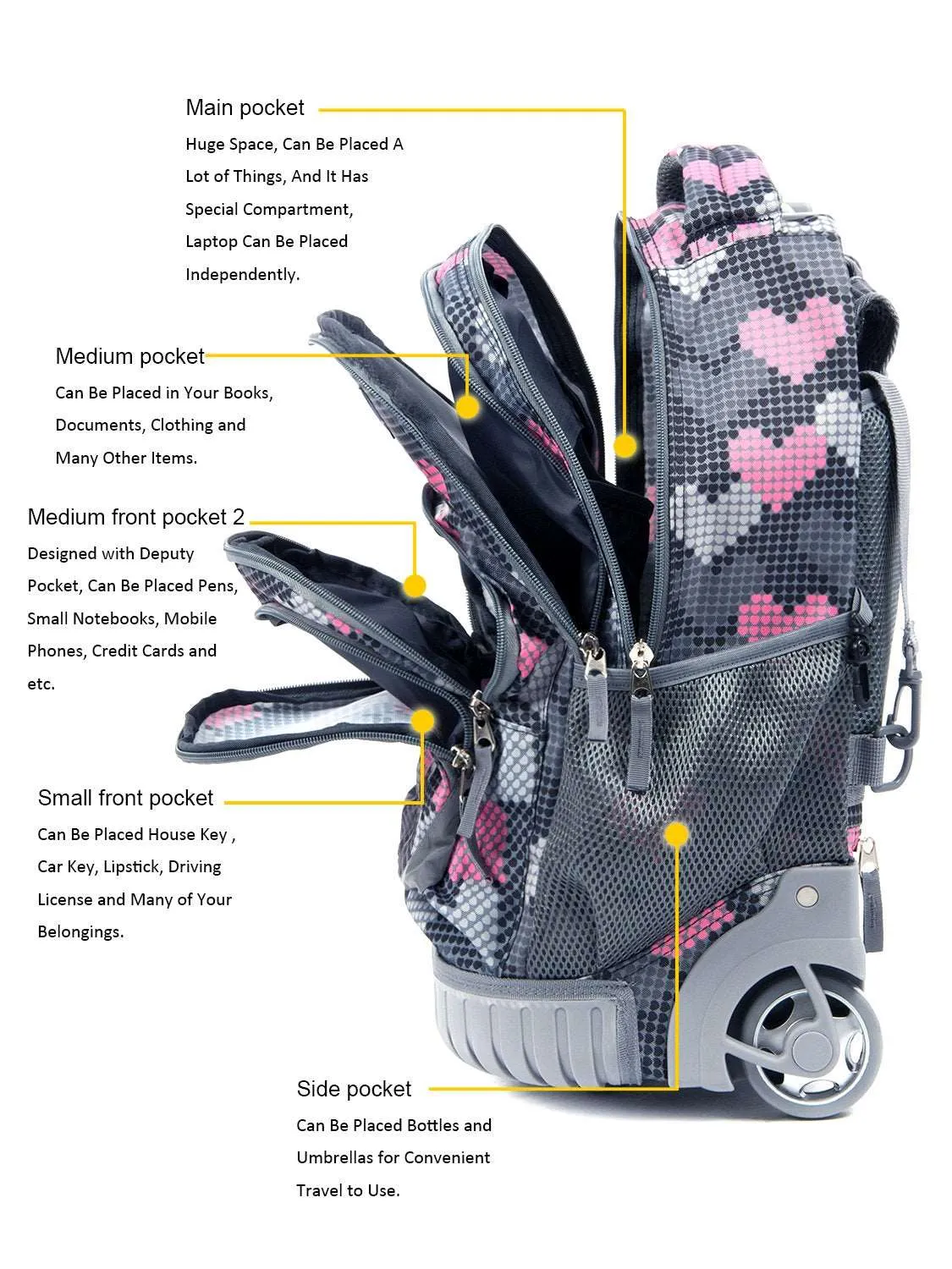 Tilami Grey Falling Love Rolling Backpack 18 inch Laptop Backpack