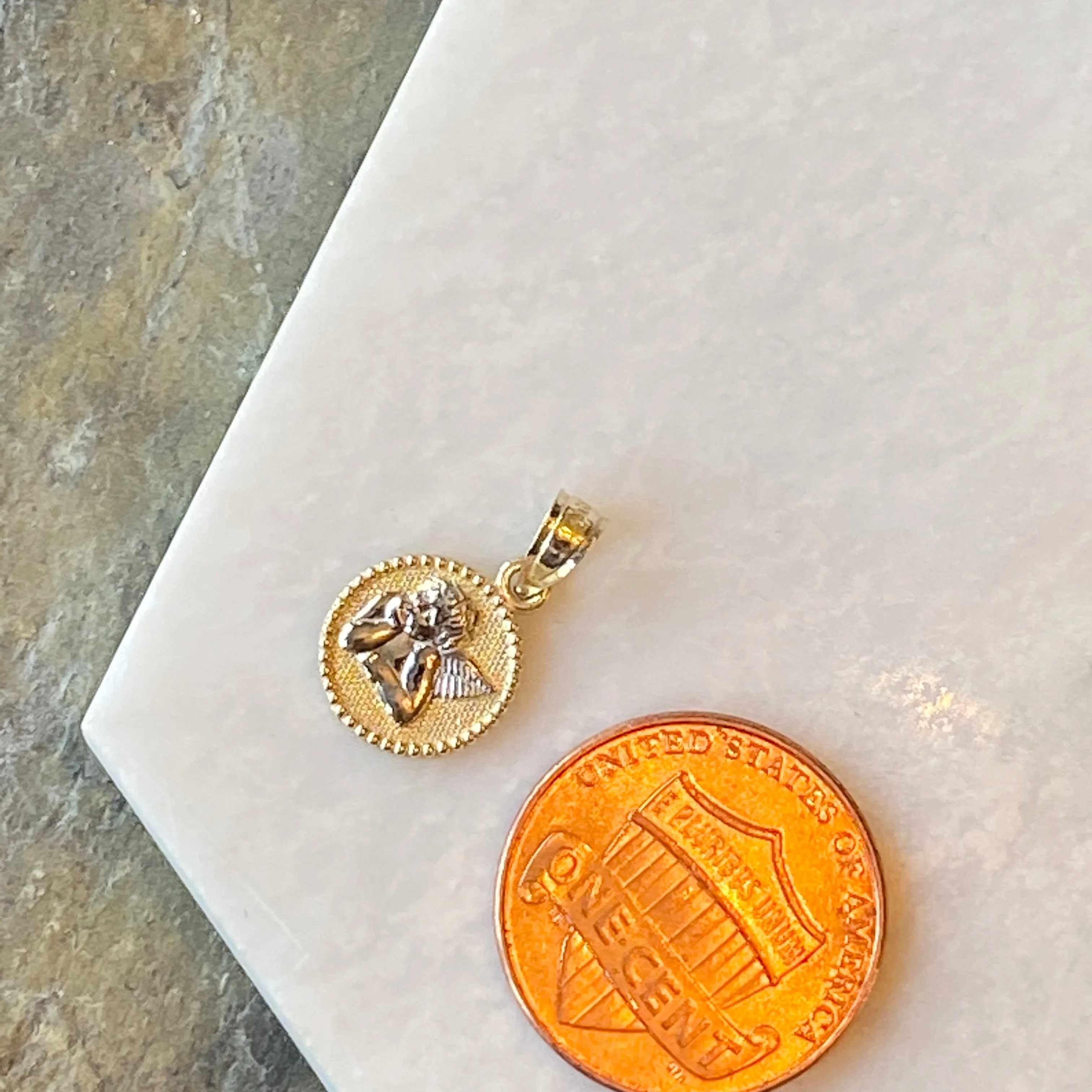 Two-Tone 10KT Yellow Gold   White Rhodium Guardian Angel Baby Round Medal Pendant Charm